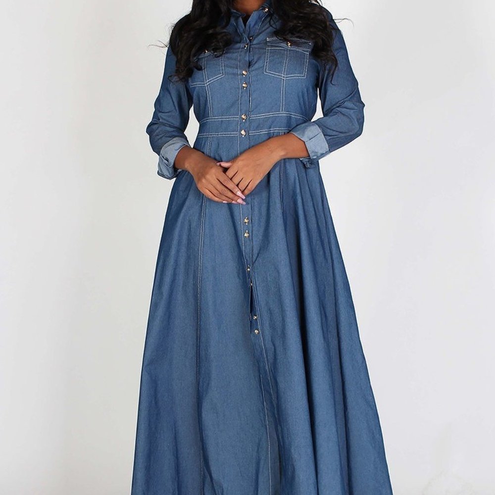 Long Sleeve Chambray Button Front Maxi Dress